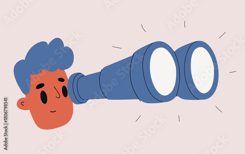 Cartoon vector illustration of a man looking through binoculars symbolizing curiosity and exploration