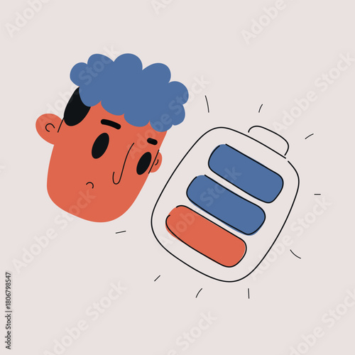 Cartoon vector illustration of a man with a drained battery symbolizing exhaustion and low energy