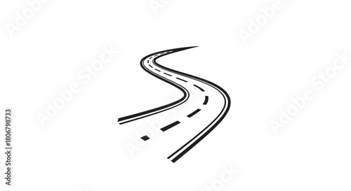 Black and white illustration of a winding road with dashed lines.
