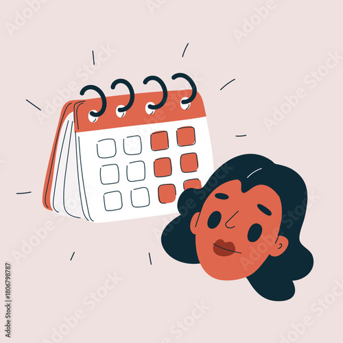 Cartoon vector illustration of a woman with a calendar representing menstrual cycles, PMS, and ovulation