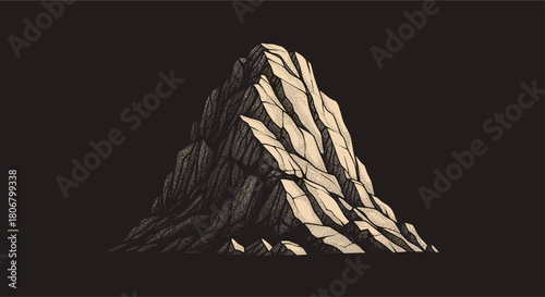 Detailed illustration of a stark, jagged mountain peak rendered in a stippling technique on a dark background.