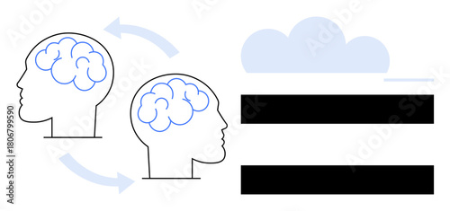 Two outlined human head profiles with brain symbols connected by arrows, emphasizing sharing ideas. A cloud and horizontal bars represent data transfer, communication, and innovation. Ideal