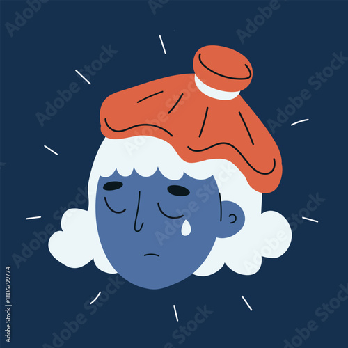 Cartoon vector illustration of a woman with a hot or cold compress on her head relieving headache or discomfort against dark background