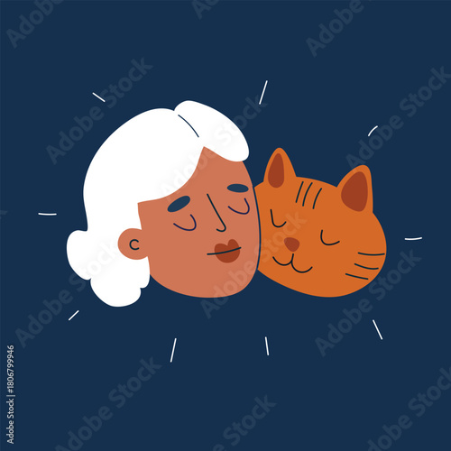 Cartoon vector illustration of a woman hugging a cat showing affection and love for pets against dark background