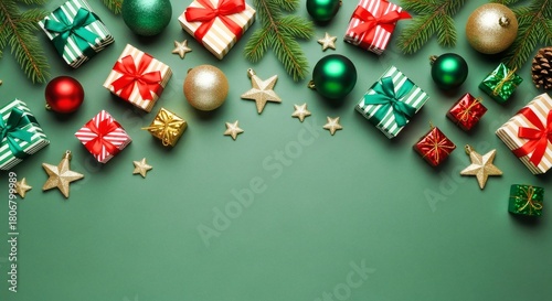 Bright gifts, metallic ornaments, and star accents frame a festive green backdrop, creating a joyful holiday mood perfect for Christmas promotions and seasonal stock imagery.