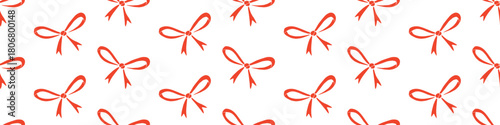 Seamless pattern with small red flat bows, ribbons. Cute fun simple abstract vector background, texture for fabric, wrapping paper, girls design