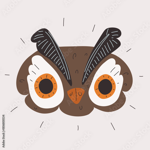 Cartoon vector illustration of an owl’s face showing wisdom and curiosity
