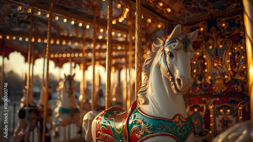 Close-up photo focusing on a carousel with detailed classic ornaments in bright colors