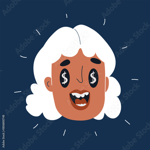 Cartoon vector illustration of a woman with dollar signs in her eyes symbolizing greed, excitement, or financial ambition against dark background