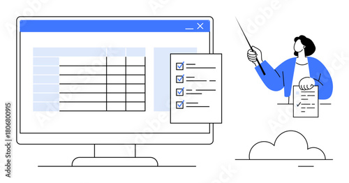 Computer monitor with spreadsheet data and floating checklist. Presenter holding paper and pointer explaining concepts. Ideal for data organization, project planning, task management, training