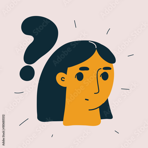 Cartoon vector illustration of a woman with a question mark above her head symbolizing confusion or curiosity