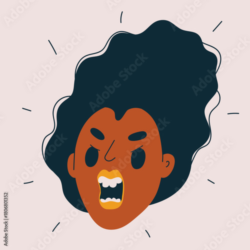 Cartoon vector illustration of an angry woman shouting with her mouth wide open expressing rage and frustration