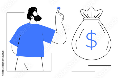 Man flipping a coin beside a large money bag with a dollar sign. Ideal for finance, investment, budgeting, monetary decisions, economic strategy, risk evaluation, and savings. Clean and simple flat
