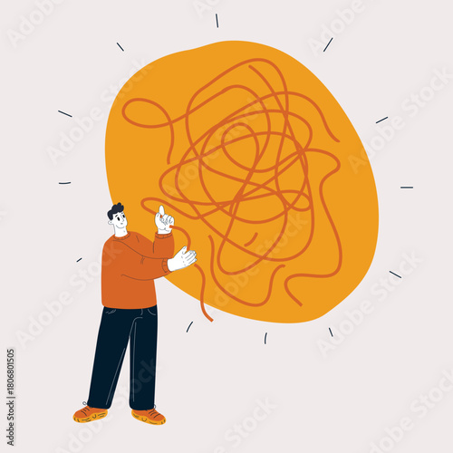 Cartoon vector illustration of a man untangling a thread symbolizing problem solving and patience