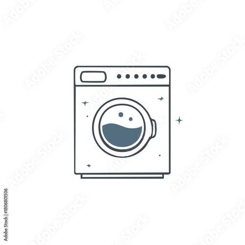 Modern washing machine with water and bubbles, simplified vector graphic