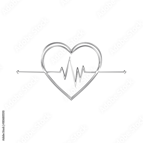 Continuous line drawing of a heart with a cardiogram inside and arrows on either side