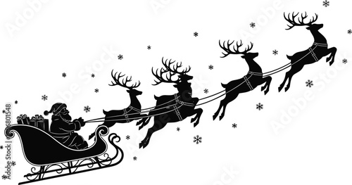Silhouette illustration of Santa Claus riding sleigh with flying reindeer, Christmas winter scene, festive holiday design, magical seasonal artwork