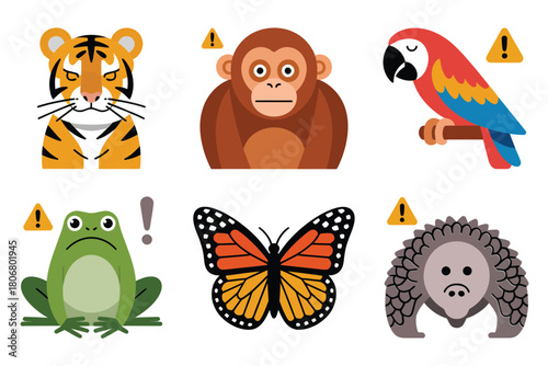 Threatened species set, tiger, monkey, parrot, frog, butterfly, pangolin, hazard alerts, conservation warning, biodiversity protection, vector illustration
