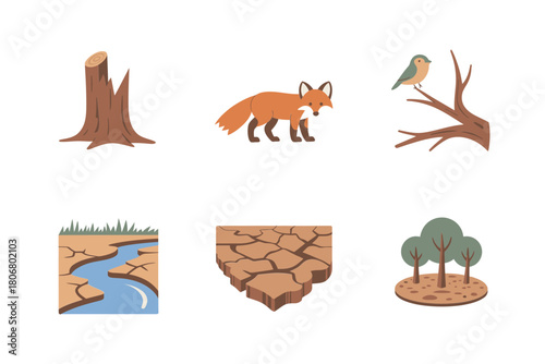 Arid landscape with fox and bird, eroded riverbank, cracked ground patch, isolated tree stump, climate change impact