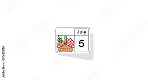 Calendar Icon Illustration of July 5th with Picnic Basket Design Representing Summer Vacation and Outing Plans