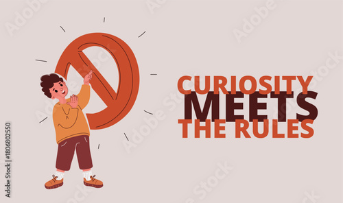 Cartoon vector illustration of a little boy pressing a big “prohibited” sign symbolizing curiosity and mischief