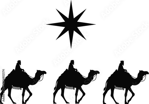 Silhouette illustration of three camels with riders traveling under shining star, Christmas journey design, nativity theme, religious festive artwork