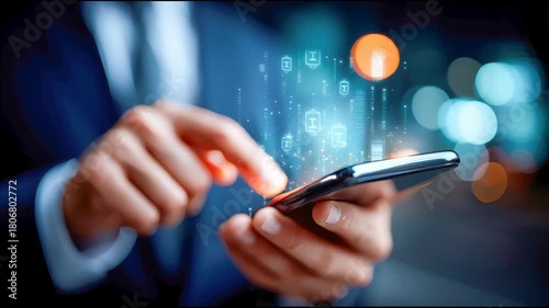 Man using a smartphone with floating compliance and approval icons, symbolizing digital workflow, verification, and modern business communication