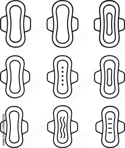 Sanitary Napkin Line and black Icon Set – Feminine Hygiene Vector Pack.