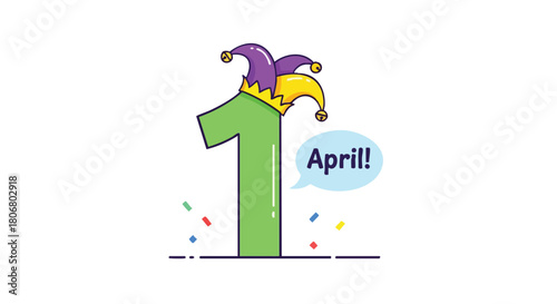Celebratory graphic design for April Fools' Day featuring a jovial number one with jester hat and party confetti