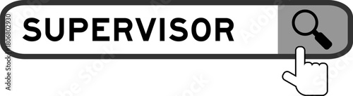 Search banner in word supervisor with hand over magnifier icon on white background