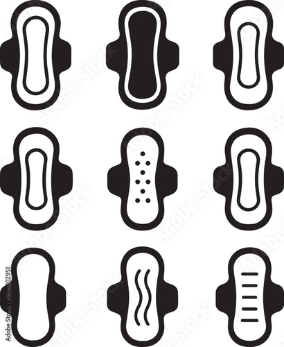Sanitary Napkin Line and black Icon Set – Feminine Hygiene Vector Pack.