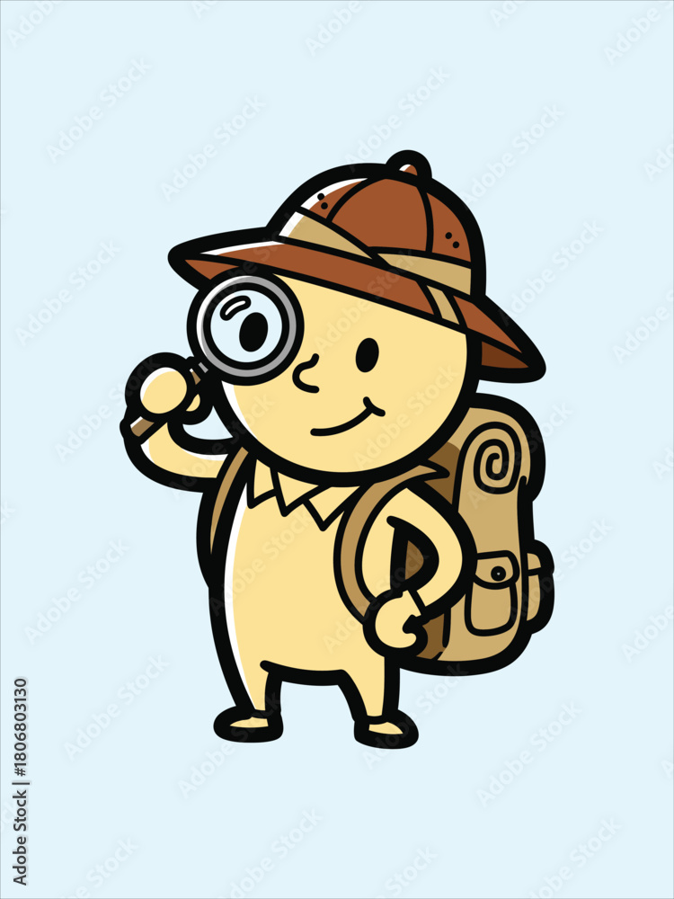 Naklejka premium Cartoon Explorer Character with Magnifying Glass and Backpack - Adventure Concept