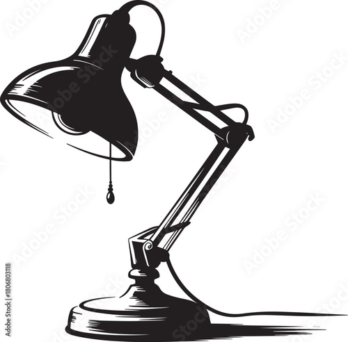 Adjustable black silhouette desk lamp graphic icon classic lighting device with hinged arm and circular shade