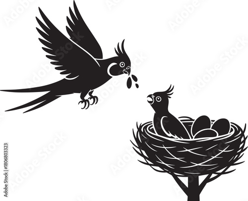 Black silhouette of cockatoo family parent bird feeding chick in nest with eggs on transparent background vector