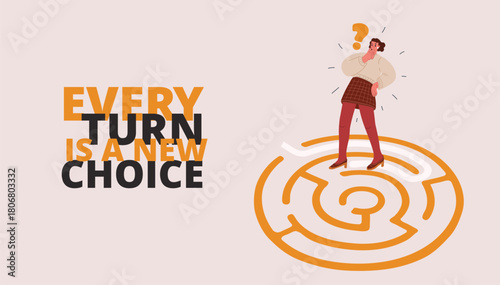 Cartoon vector illustration of a woman navigating a maze symbolizing problem solving and decision making