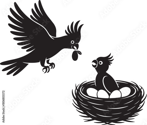 Black silhouette of cockatoo family parent bird feeding chick in nest with eggs on transparent background vector