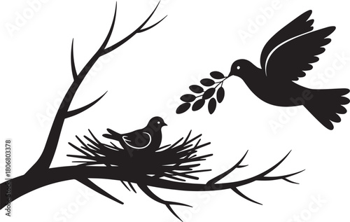 Black silhouette of dove family with nesting bird and flying parent bird carrying olive branch on transparent background vector