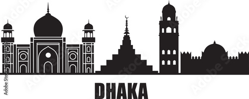 Dhaka city skyline vector silhouette featuring famous landmarks and iconic architecture of bangladesh capital
