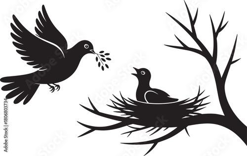 Dove bird flying with twig to nest on bare tree branch silhouette vector illustration nesting theme