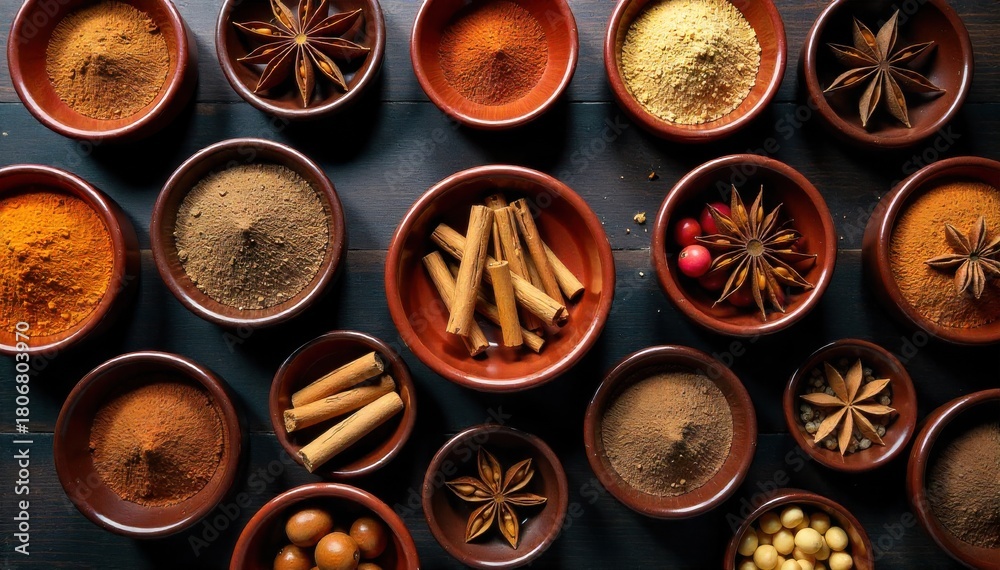Fototapeta premium Spices and Dried Fruits Arranged in Decorative Middle Eastern Bowls on a Textured Surface A top down view of several decorative, richly colored Middle Eastern ceramic bowls filled with a vibrant