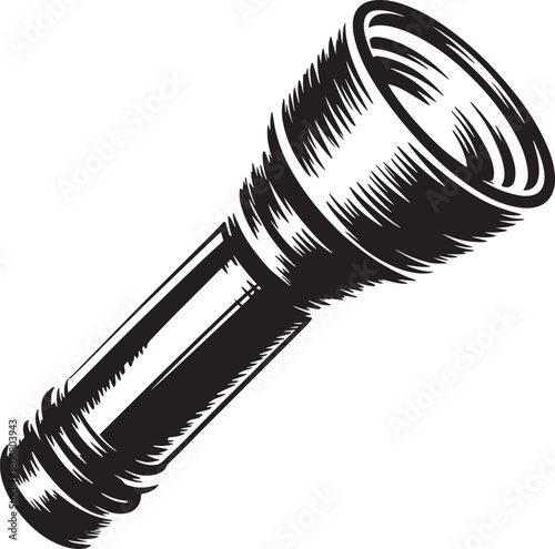 Handheld torch vector illustration in detailed engraving style depicting essential equipment for nighttime activities and outdoor use