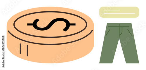 Coin with dollar sign, pair of green pants, and rectangular label suggesting pricing, clothing, retail, shopping, fashion, commerce and budgeting. Ideal for finance savings consumerism apparel