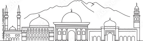 Outline cityscape skyline with mosque buildings minarets domes mountains religious structures arabic architectural monuments sketch
