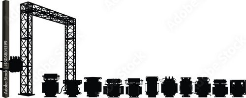 Electrical Power Equipment Silhouettes Including Transformers, Utility Pole and Substation Structure for Energy Industry Vector Illustration