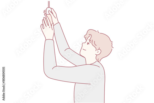Man put lightbulb indoors. Male screw light bulb on ceiling. House renovation and repair. Generating business idea concept. Vector illustration.