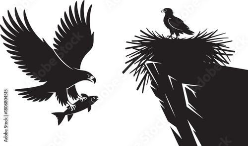 Silhouette vector depicting powerful eagle bird carrying freshly caught fish prey toward chick resting on large nest built upon rugged cliff face