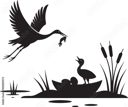 Silhouette vector graphic depicting wading stork bird flying toward baby chick with caught fish resting inside shallow nest among tall cattail plants in marsh