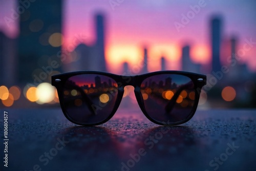 Reflective lenses capturing abstract cityscapes, hinting at stylish observation without presence. Close up, macro shot of a pair of high fashion sunglasses, focusing on the reflective lenses. The
