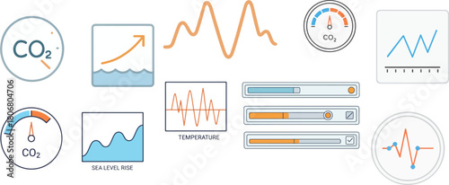Climate Change Data Widgets CO2 Gauge Sea Level Rise Vector Infographic Illustration
