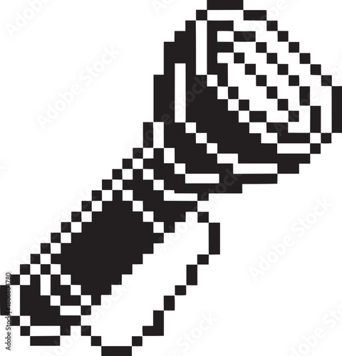 Stylized pixel art vector illustration of portable battery powered handheld flashlight illuminating surrounding darkness during power outage
